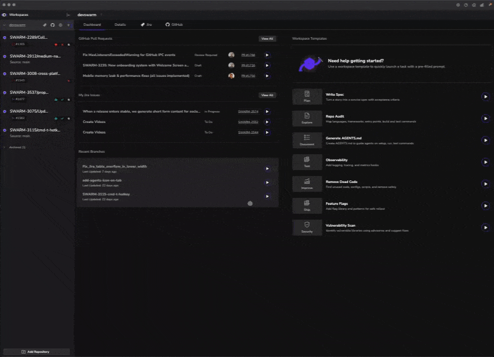 DevSwarm being used to build DevSwarm — multiple agents working simultaneously