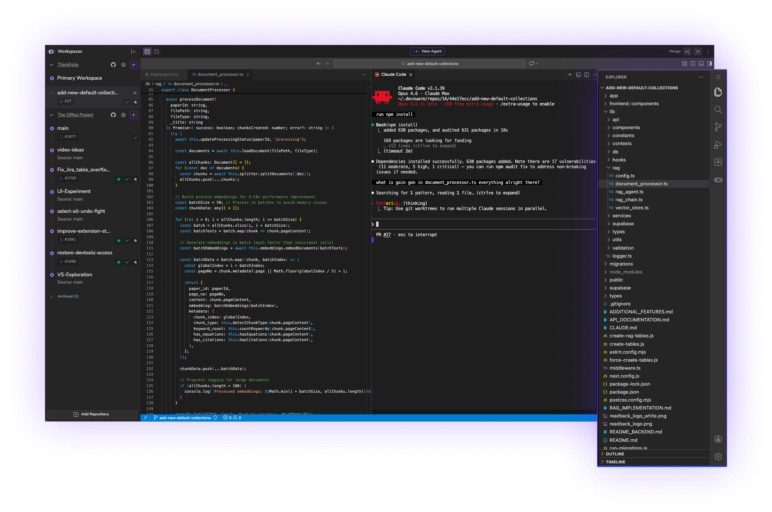 DevSwarm full IDE — editor, terminal, agent panel and diffs in one window